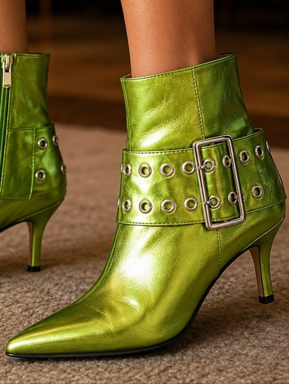 Lime Green Leather Statement Heeled Boots | Silver Buckle Detail | Made in Spain